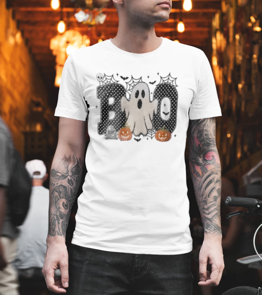 Boo Distressed Ghost Jack O Lanterns Polka Dots Cobwebs T-Shirt
