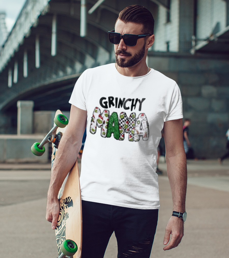 Grinchy Mama Holiday Checkerboard And Santa Hat T-Shirt