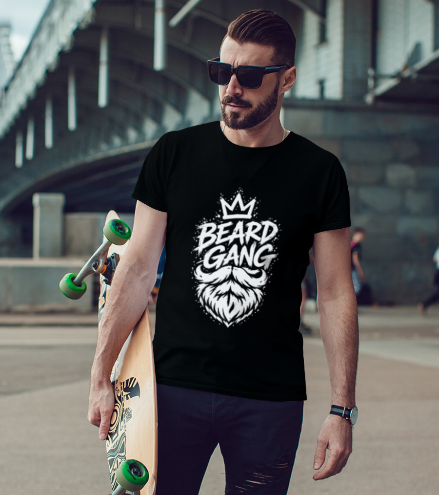 Beard Gang Crown Handlebar Mustache Paint Splatter Bushy Facial Hair T-Shirt