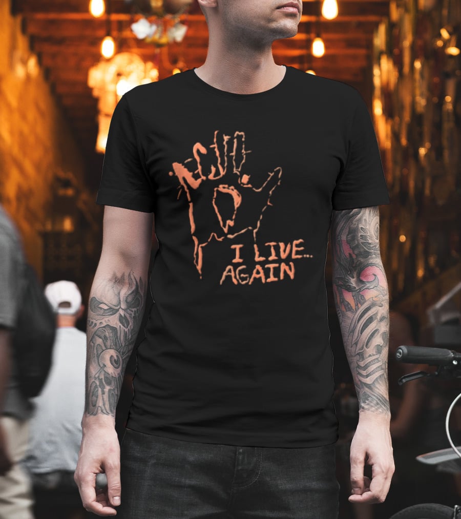 I Live Again Red Spiky Handprint Burning Hole In Palm Distressed Halloween T-Shirt