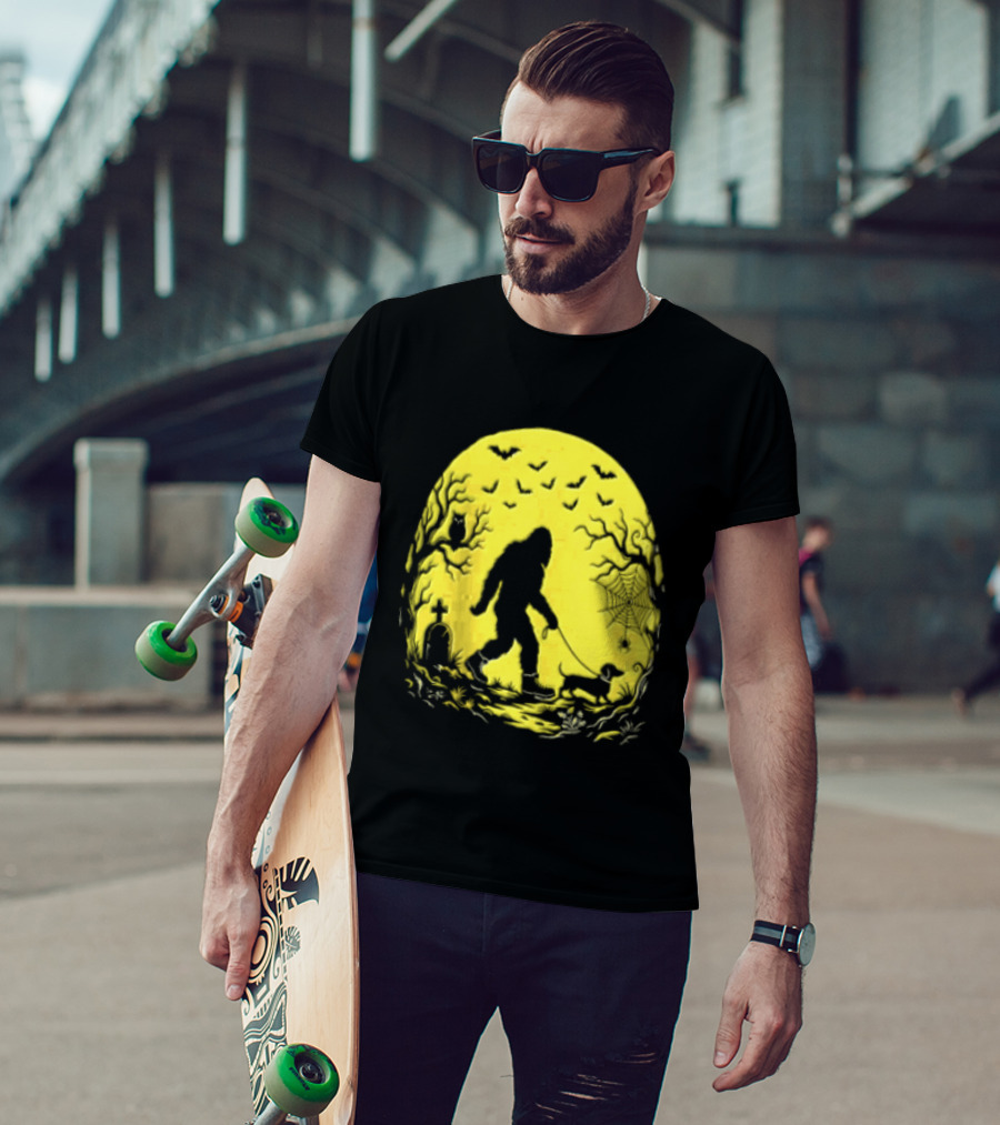 Bigfoot Walking Dachshund Under Full Moon Halloween Night T-Shirt