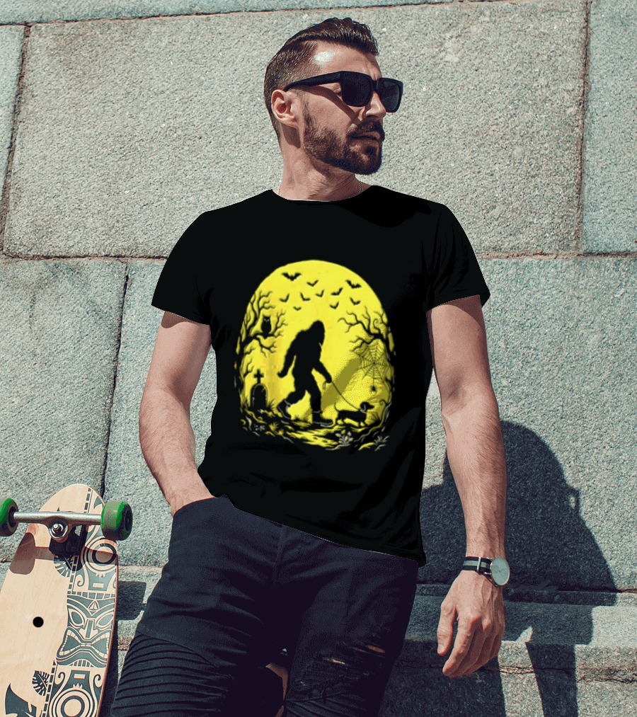 Bigfoot Walking Dachshund Under Full Moon Halloween Night T-Shirt