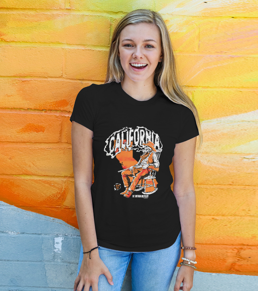 California Skeleton Cowboy Southern Hospitality Tour Aug 20 Rocking Chair Rifle Map T-Shirt