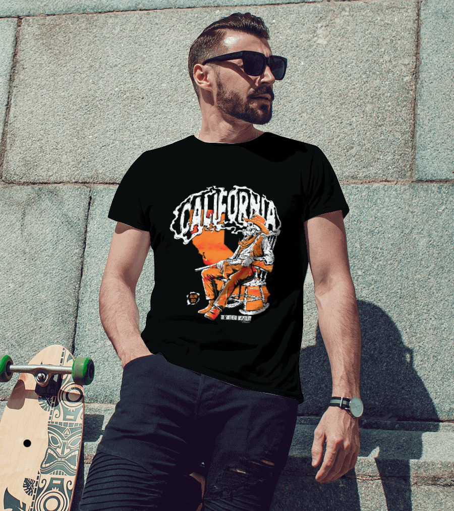 California Skeleton Cowboy Southern Hospitality Tour Aug 20 Rocking Chair Rifle Map T-Shirt