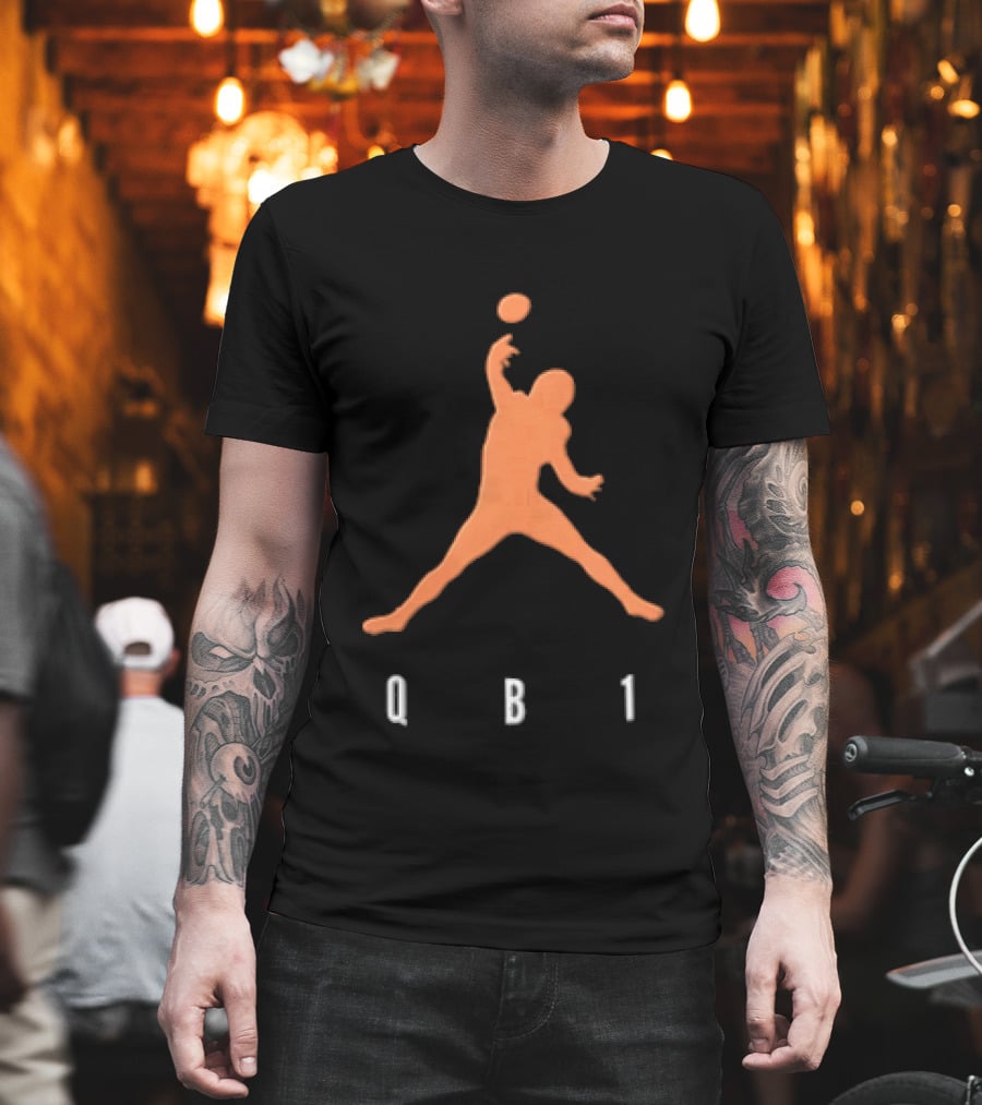 Qb1 Orange Jumpman Pose Football Quarterback Throwing Ball T-Shirt