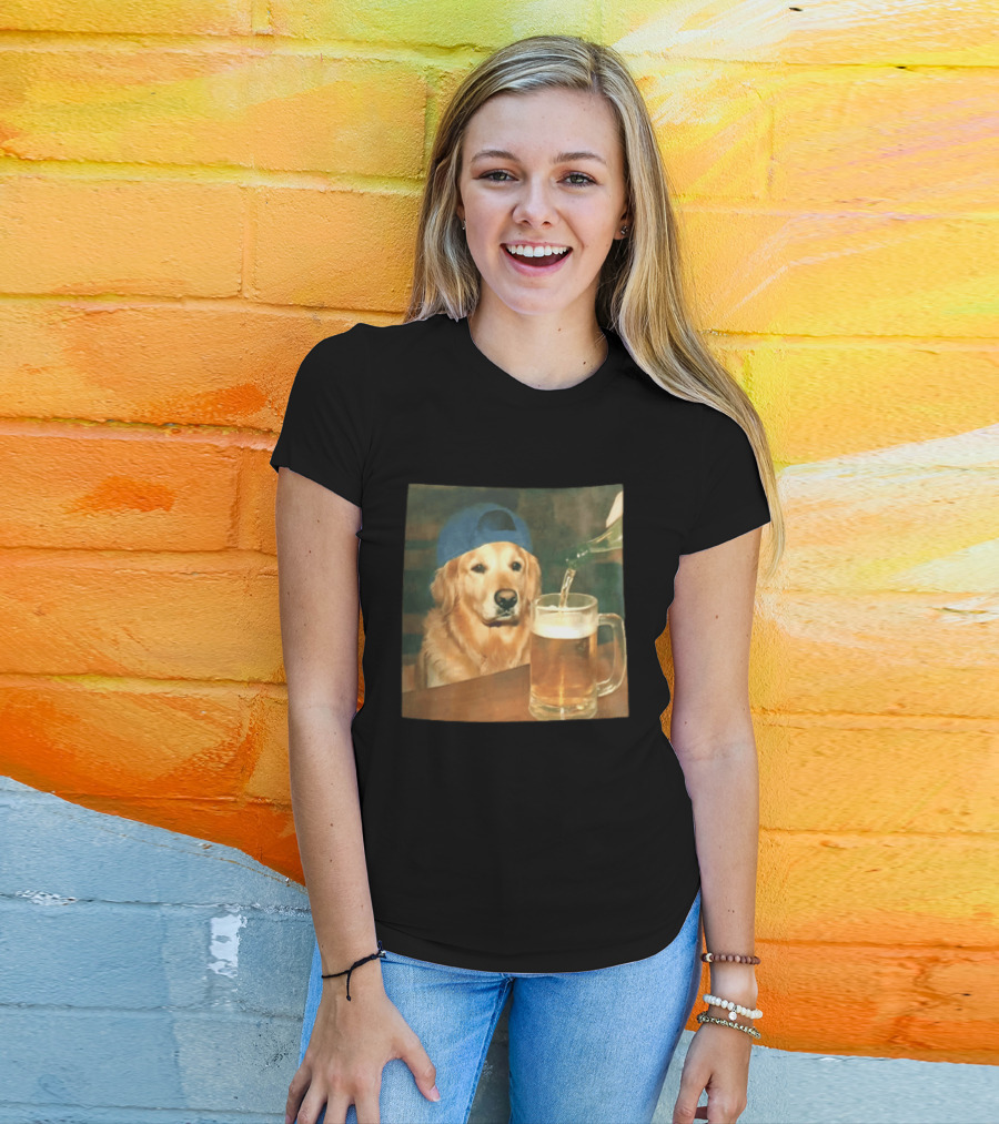Golden Retriever Backward Cap Beer Pouring Scene T-Shirt