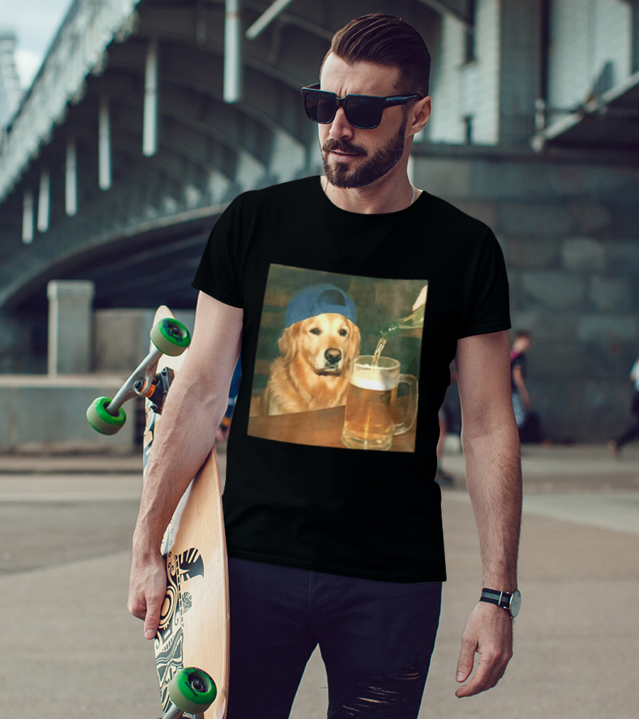 Golden Retriever Backward Cap Beer Pouring Scene T-Shirt