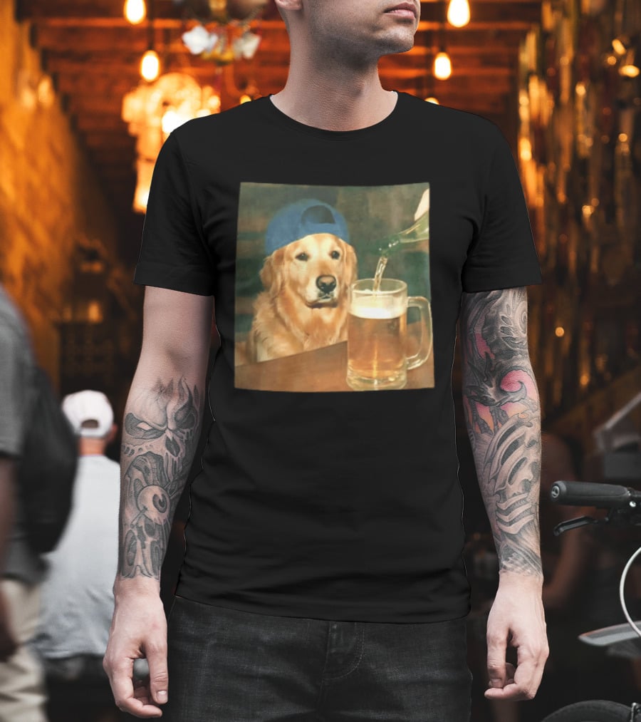 Golden Retriever Backward Cap Beer Pouring Scene T-Shirt