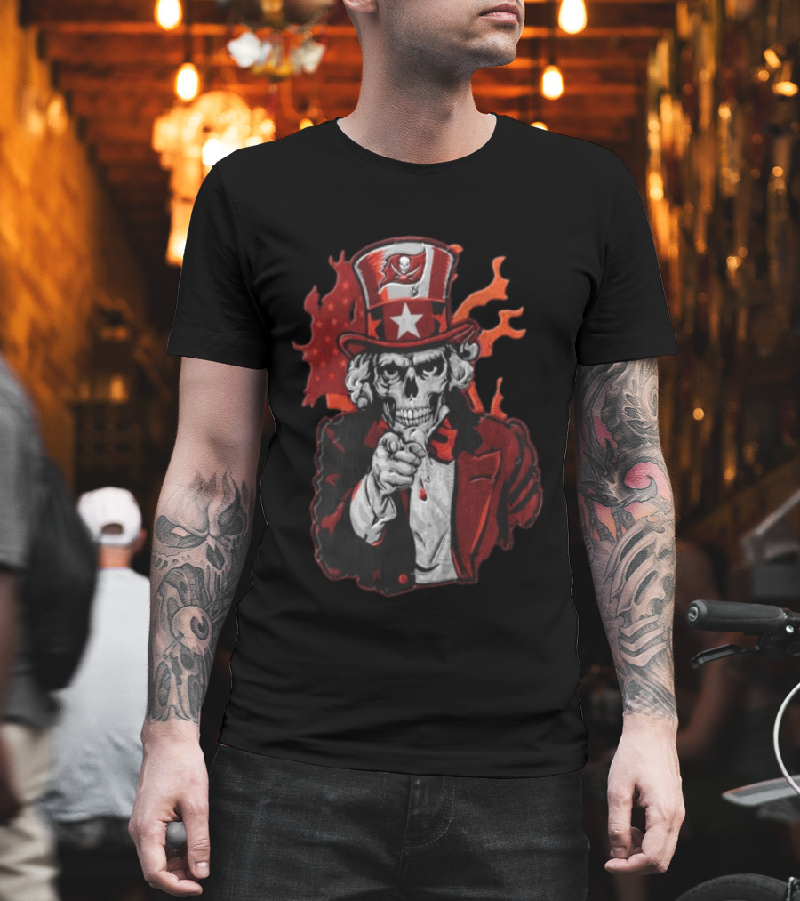 Tampa Bay Buccaneers Uncle Sam Skull American Flag Flames T-Shirt