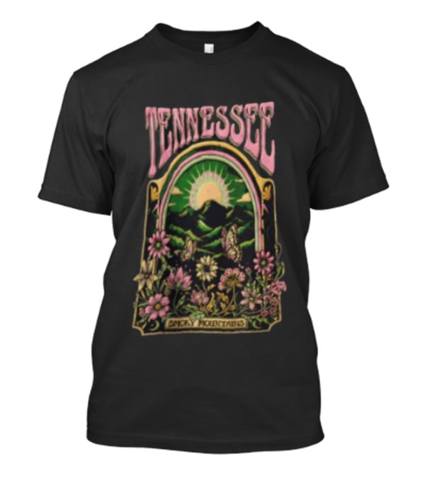 Tennessee Smoky Mountains Sunrise With Butterflies And Flowers T-Shirt
