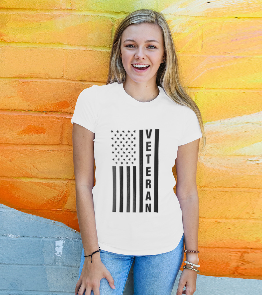 Veteran Vertical Monochrome US Flag Black Stars Stripes T-Shirt