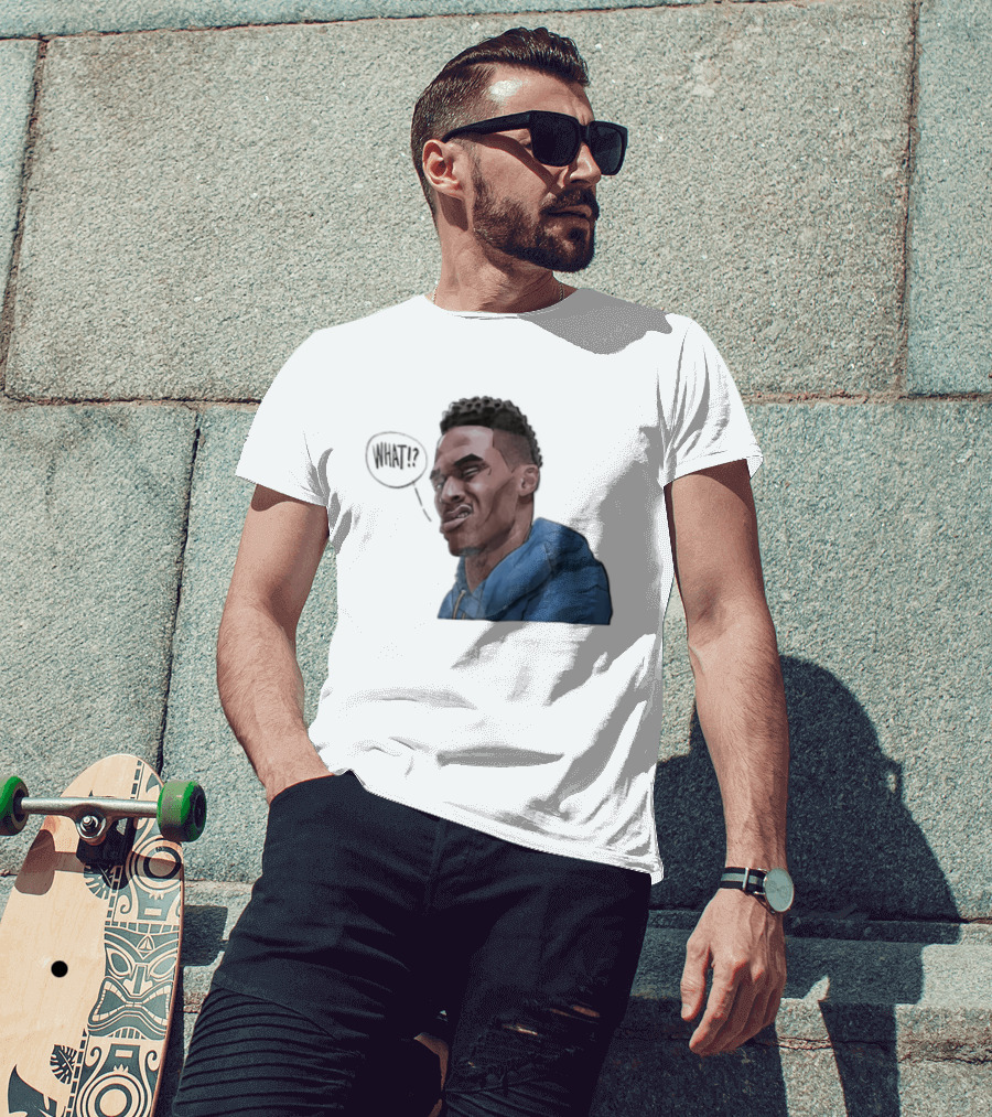 Russell Westbrook Cartoon Caricature Confused Face What Speech Bubble Blue T-Shirt