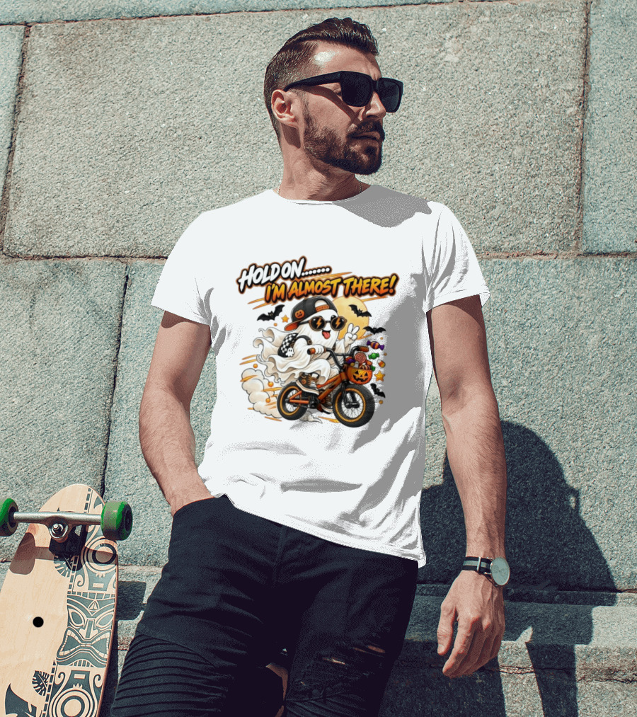 Hold On I'm Almost There Ghost Bicycle Halloween Bats Candy Pumpkin T-Shirt