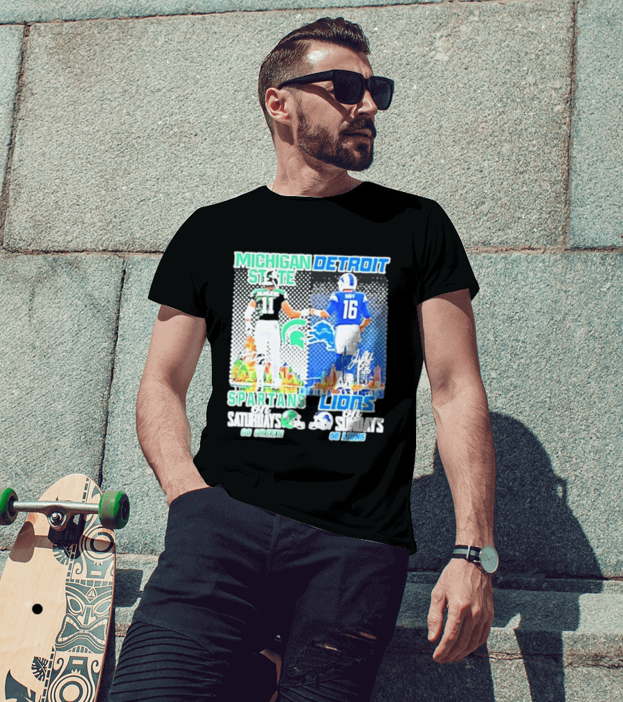 Michigan State Spartans Saturdays Go Green Detroit Lions Sundays Go Lions T-Shirt
