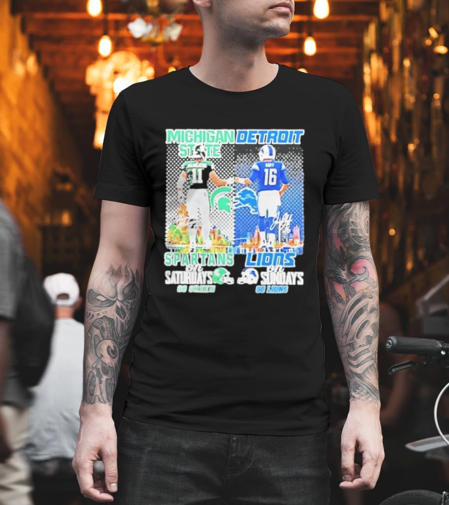Michigan State Spartans Saturdays Go Green Detroit Lions Sundays Go Lions T-Shirt