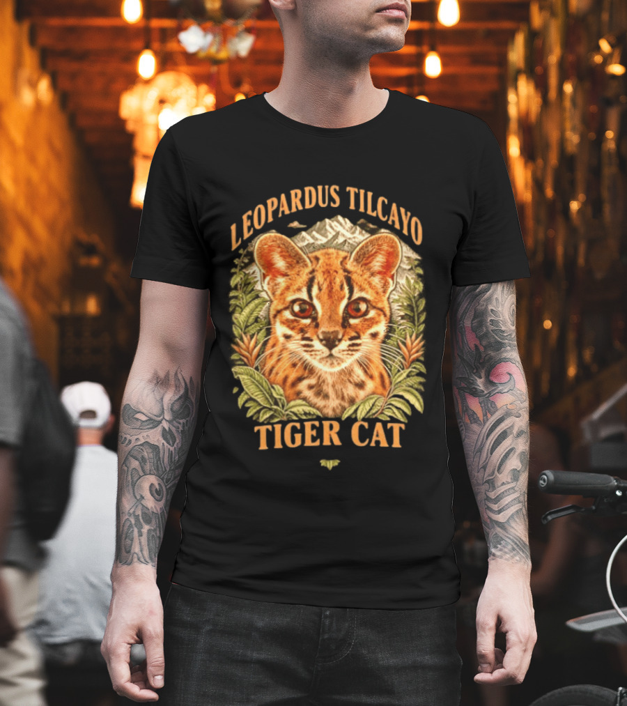 Leopardus Tilcayo Tiger Cat Wildlife Art With Foliage And Mountain T-Shirt
