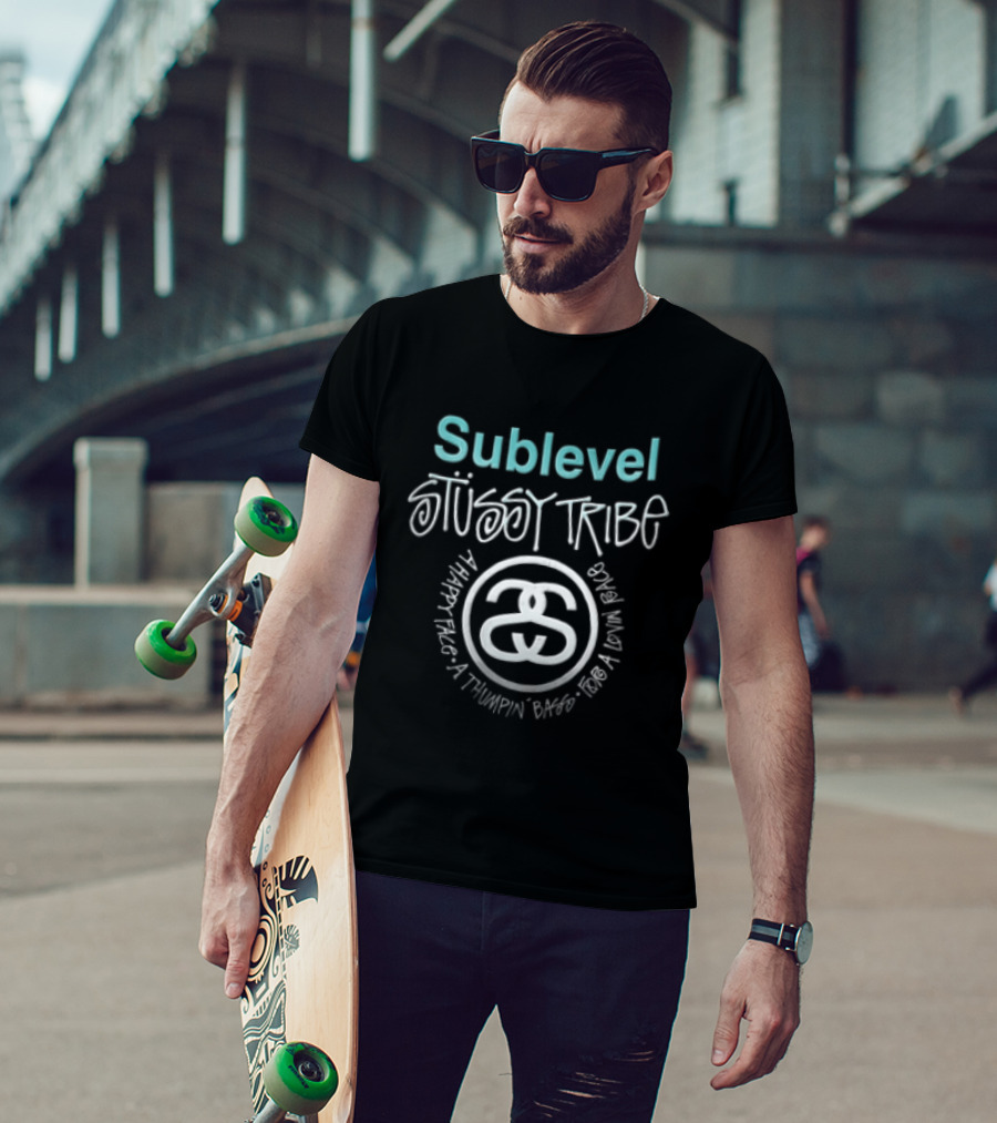 Stussy Sublevel Tribe A Happy Face Thumpin Bass For Lovin Race Interlocking Double S T-Shirt