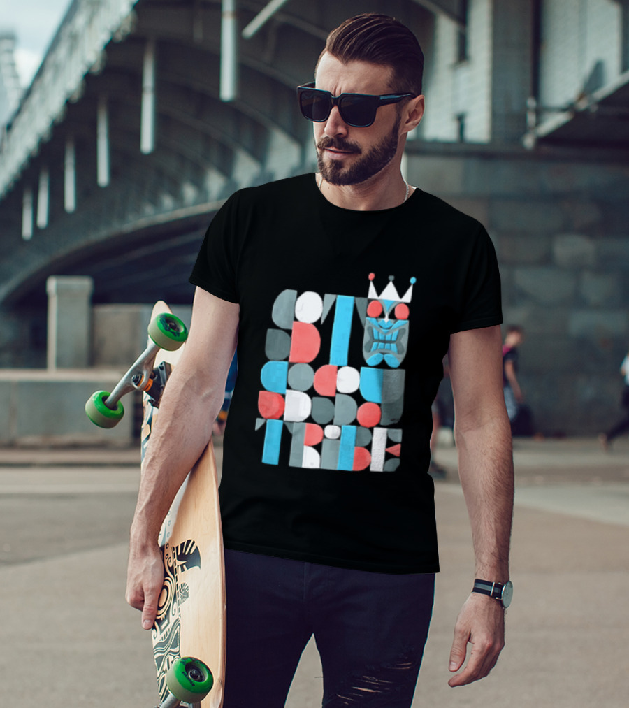 Tribe Crowned Tiki Mask Geometric Color Block T-Shirt