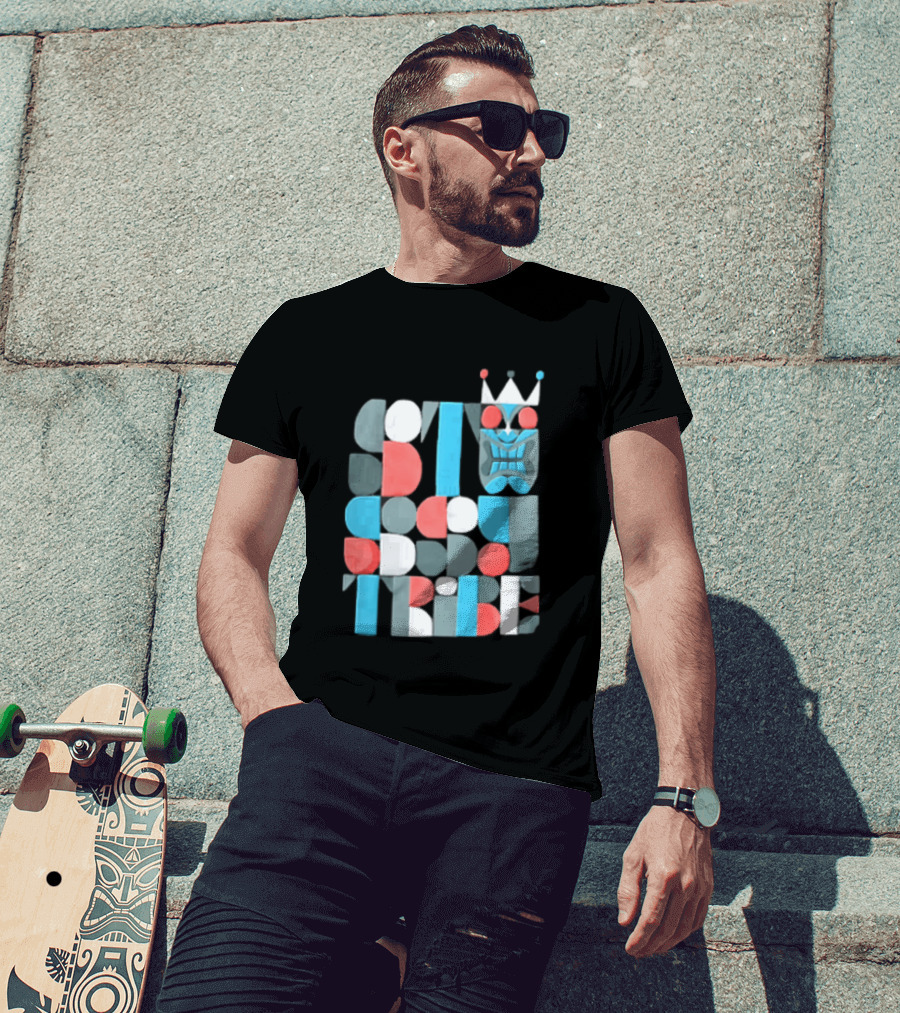 Tribe Crowned Tiki Mask Geometric Color Block T-Shirt