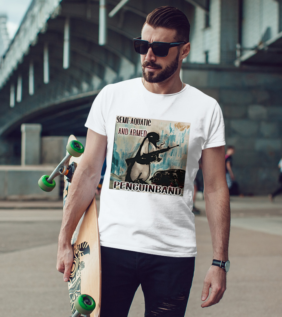 Semi Aquatic And Armed Penguin Band With Rifle T-Shirt