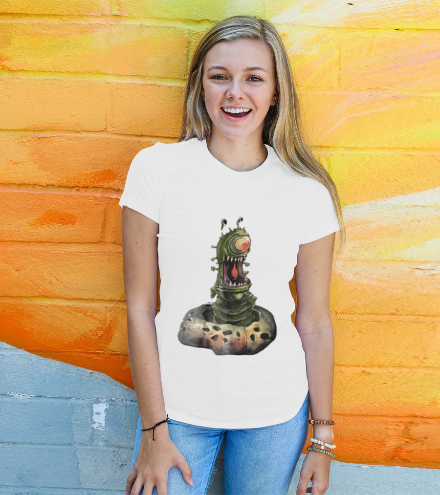 Cartoon Monstrous One Eyed Green Creature Emerging From Ground Hole T-Shirt