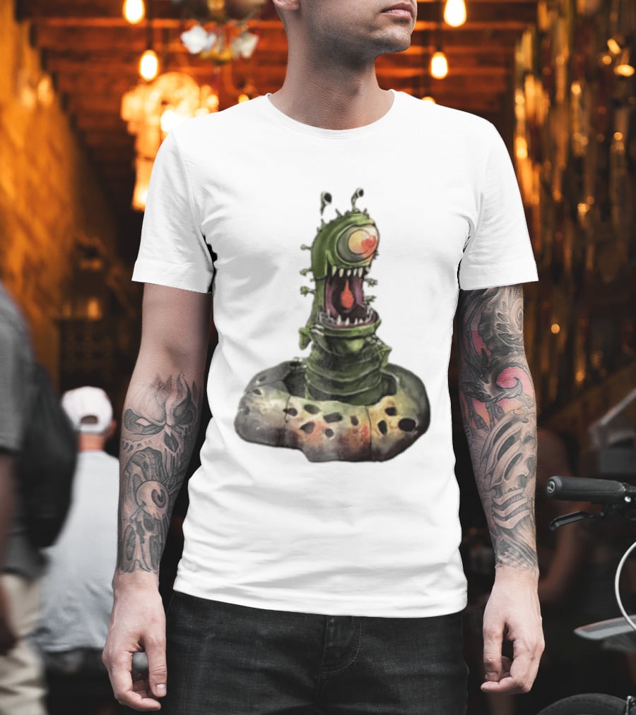 Cartoon Monstrous One Eyed Green Creature Emerging From Ground Hole T-Shirt