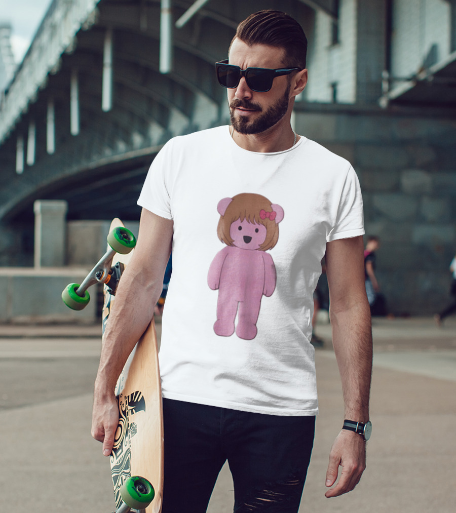 Cartoon Pink Bear With Brown Bob Haircut And Red Ribbon Bow T-Shirt