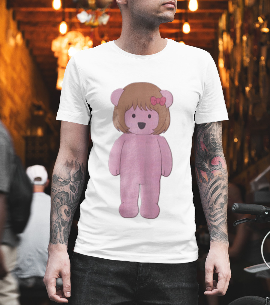 Cartoon Pink Bear With Brown Bob Haircut And Red Ribbon Bow T-Shirt