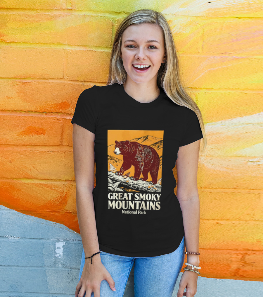 Great Smoky Mountains National Park Black Bear Walking On Log T-Shirt
