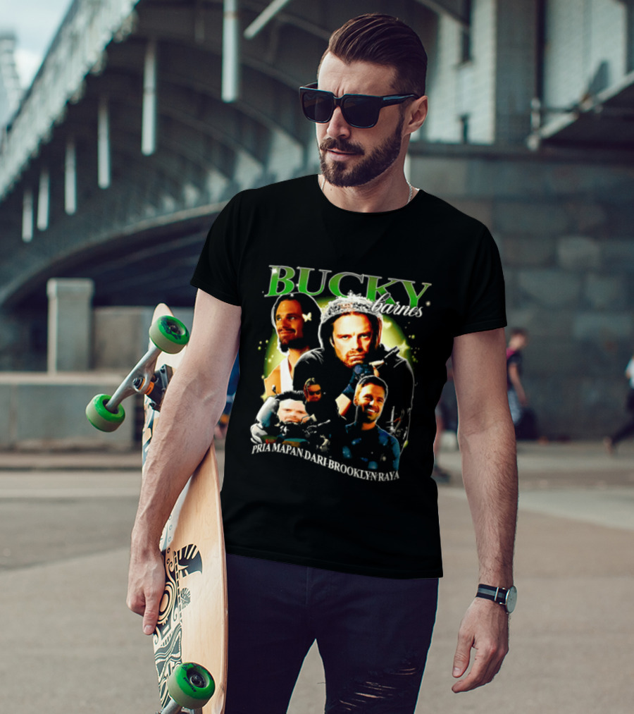 Bucky Barnes Sebastian Stan Pria Mapan Dari Brooklyn Raya Multiple Photos Crown Marvel T-Shirt