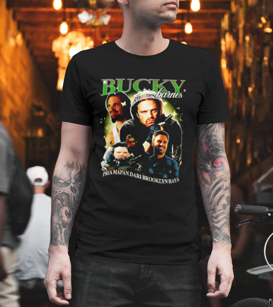 Bucky Barnes Sebastian Stan Pria Mapan Dari Brooklyn Raya Multiple Photos Crown Marvel T-Shirt