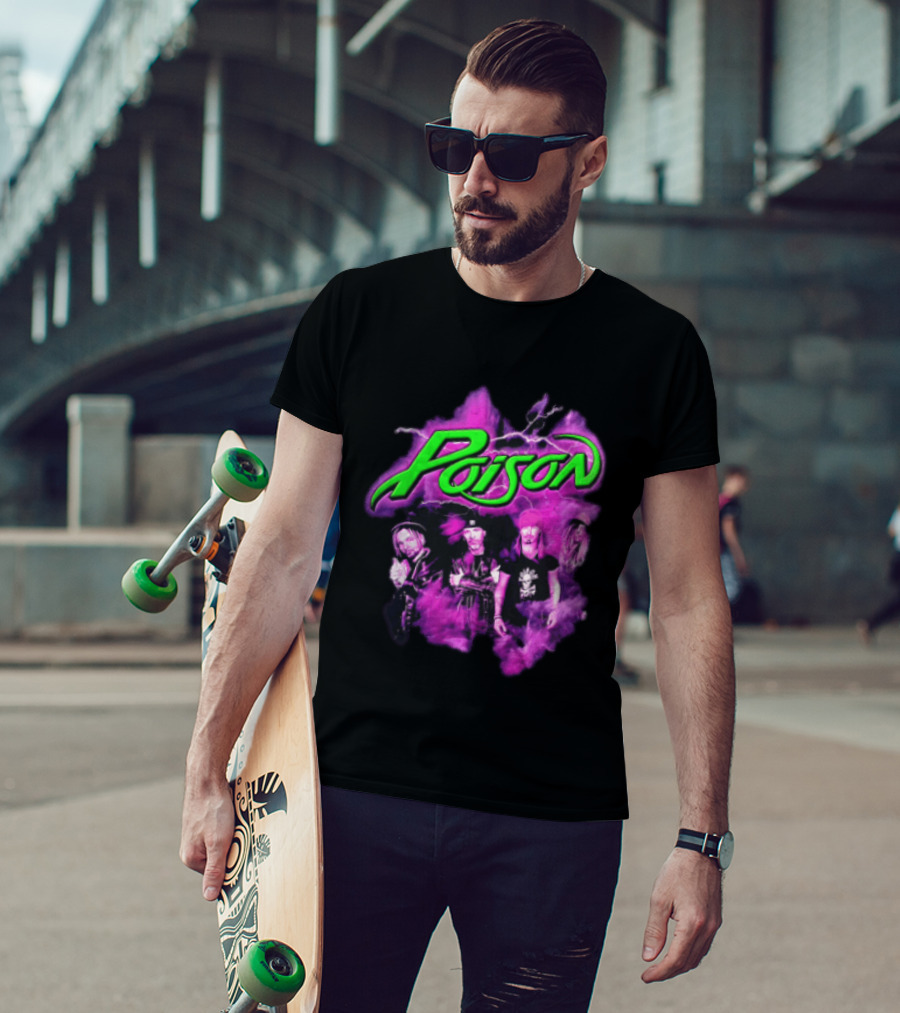 Poison Band Members Graphic With Neon Green Logo And Purple Aura T-Shirt