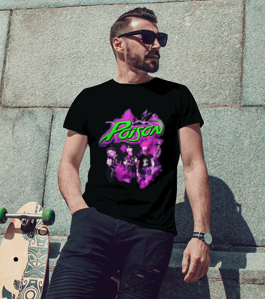 Poison Band Members Graphic With Neon Green Logo And Purple Aura T-Shirt