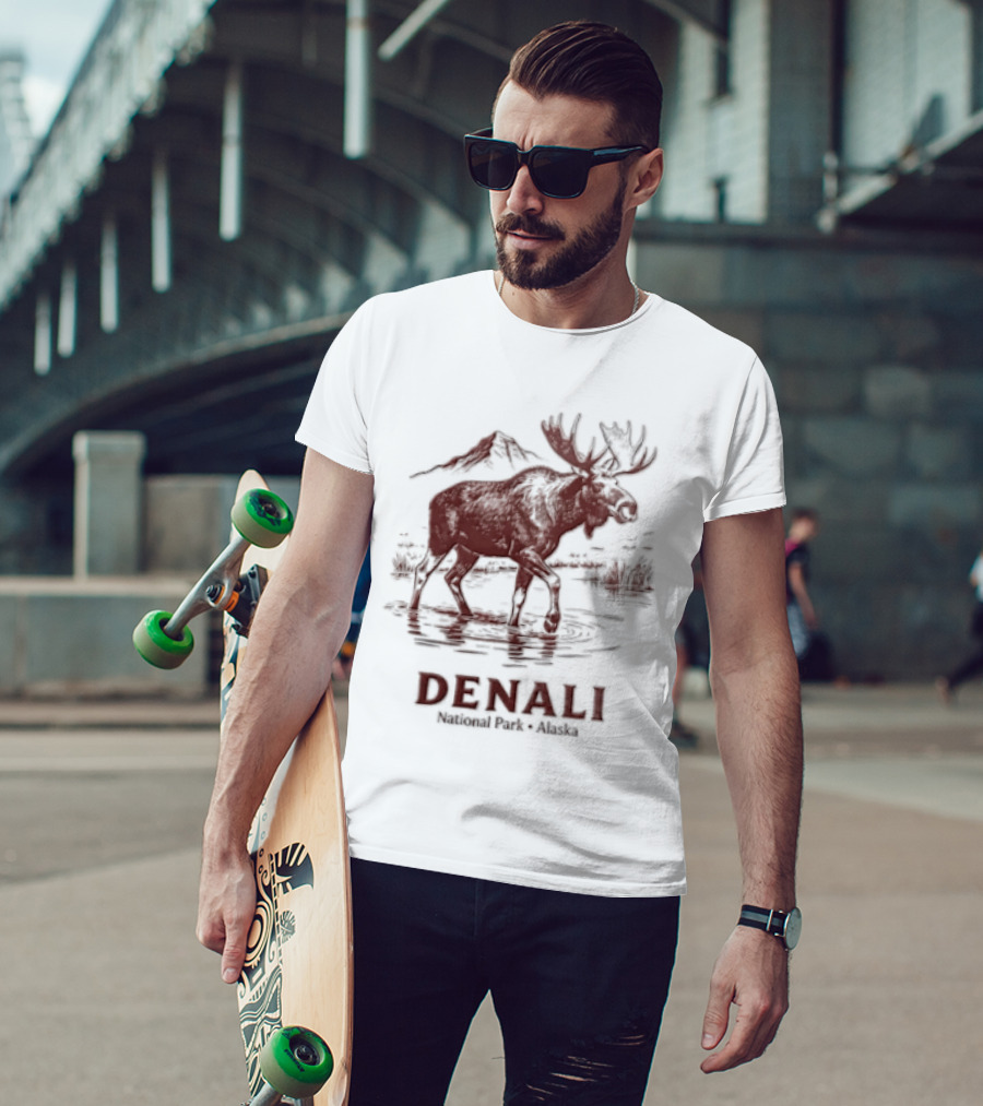 Denali Moose Walking In Water Near Mountain Scenery T-Shirt