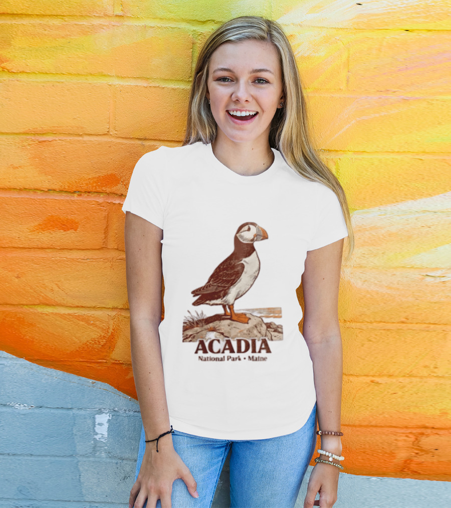 Acadia National Park Maine Puffin Standing On Rock T-Shirt