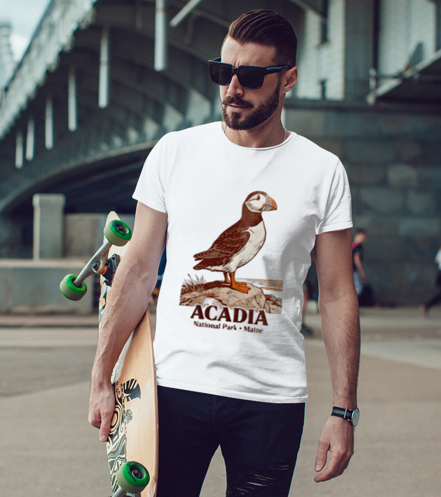 Acadia National Park Maine Puffin Standing On Rock T-Shirt