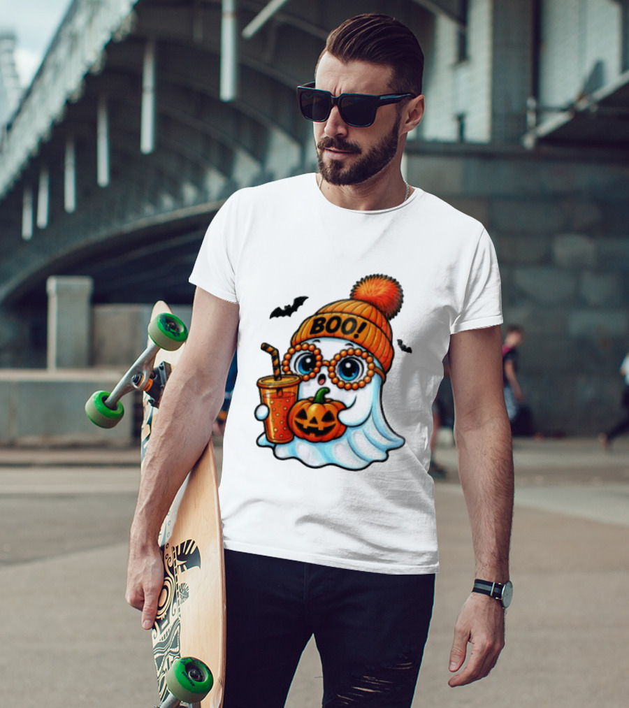 BOO Halloween Ghost With Pumpkin And Drink Spooky Fall Vibes T-Shirt