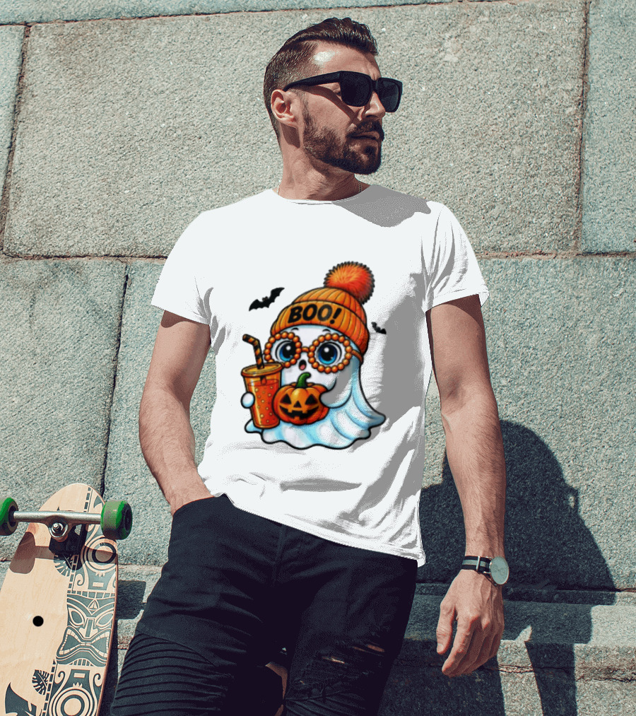 BOO Halloween Ghost With Pumpkin And Drink Spooky Fall Vibes T-Shirt