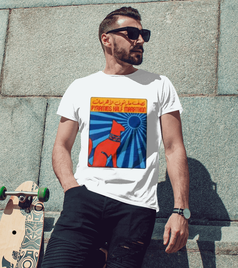 Pyramids Half Marathon Egypt Cat Sunburst Arabic T-Shirt