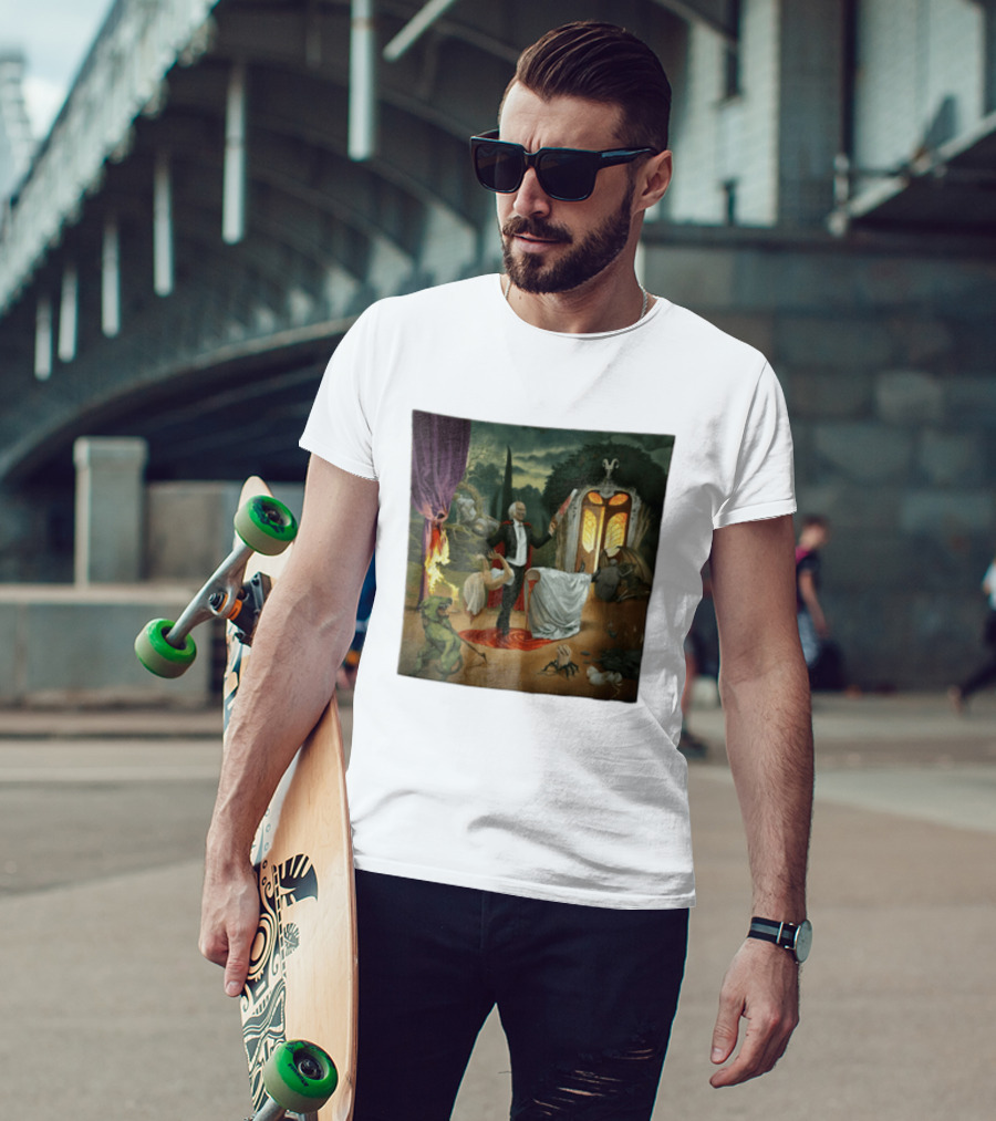 Surreal Gothic Man With Candle And Floating Figures Mysterious Enchantment T-Shirt