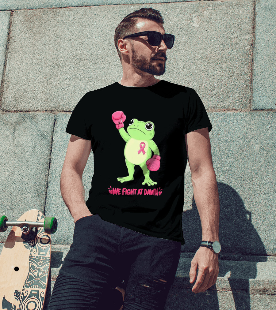 Boxing Frog We Fight At Dawn Breast Cancer Awareness Pink Gloves Ribbon T-Shirt
