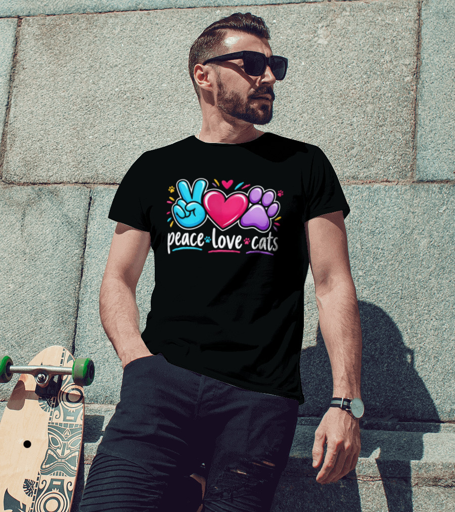 Peace Love Cats Sign Heart Paw Rainbow T-Shirt