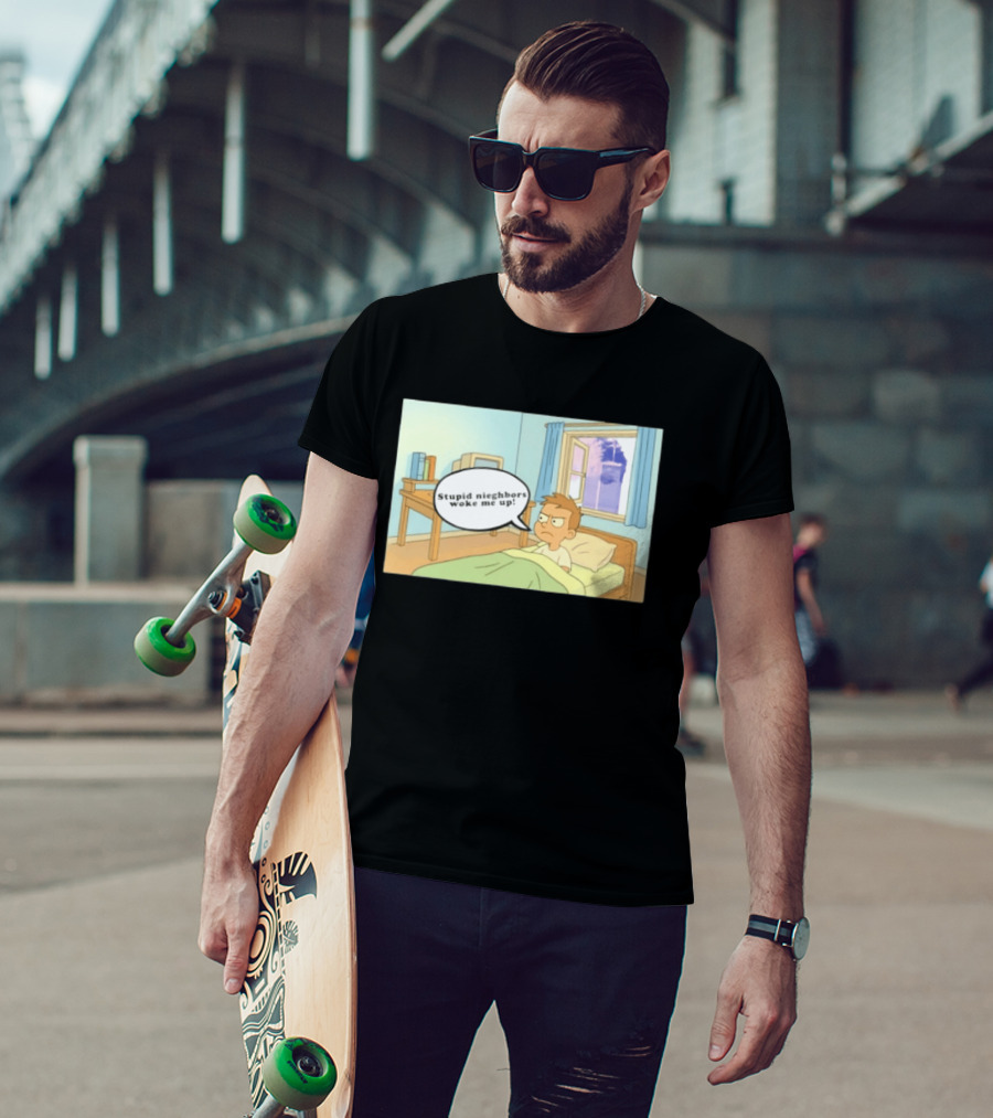 Stupid Neighbors Woke Me Up Cartoon Bedroom Scene T-Shirt