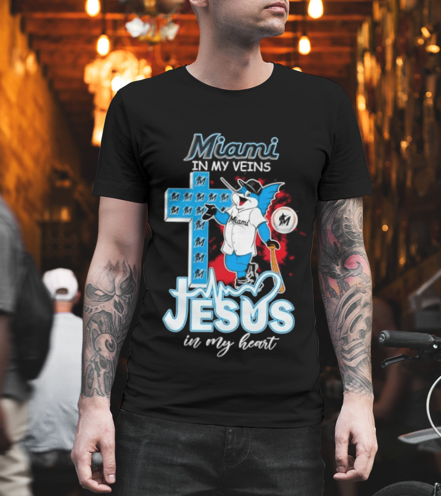 Miami Marlins In My Veins Jesus In My Heart Cross Baseball T-Shirt