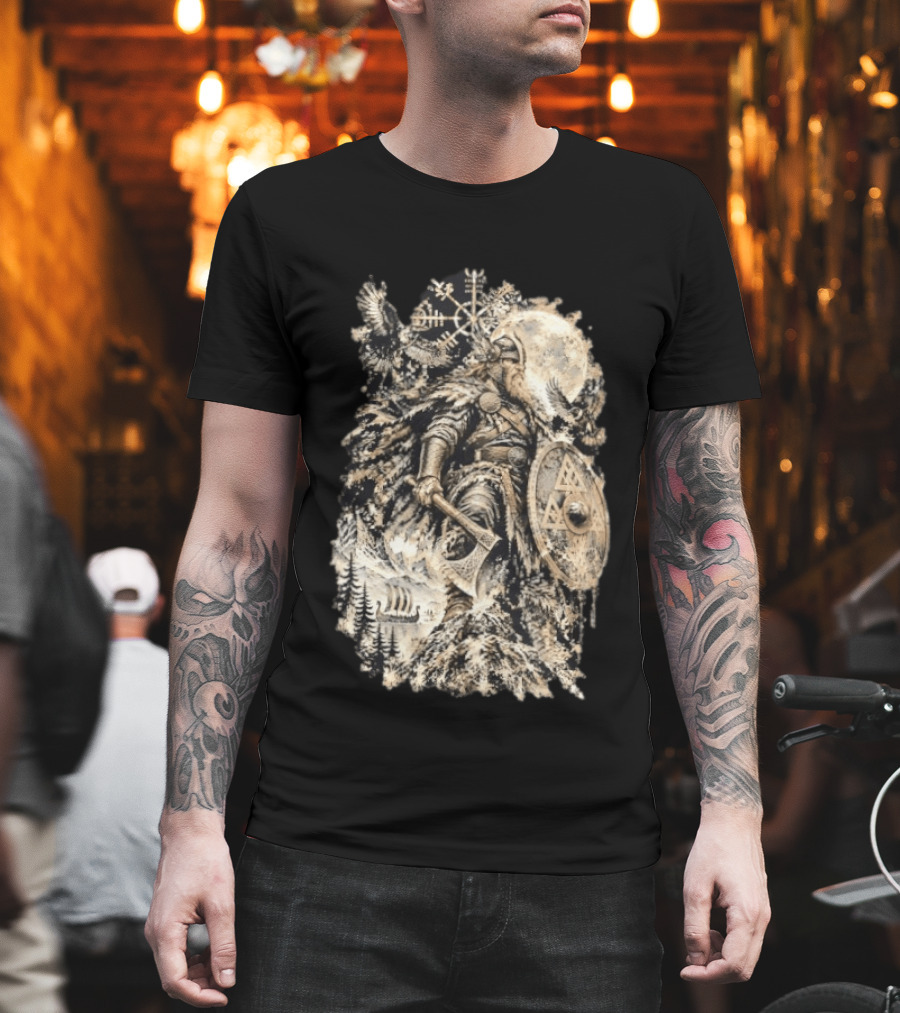 Norse God Viking Warrior Axe Valknut Symbol Raven Longship T-Shirt