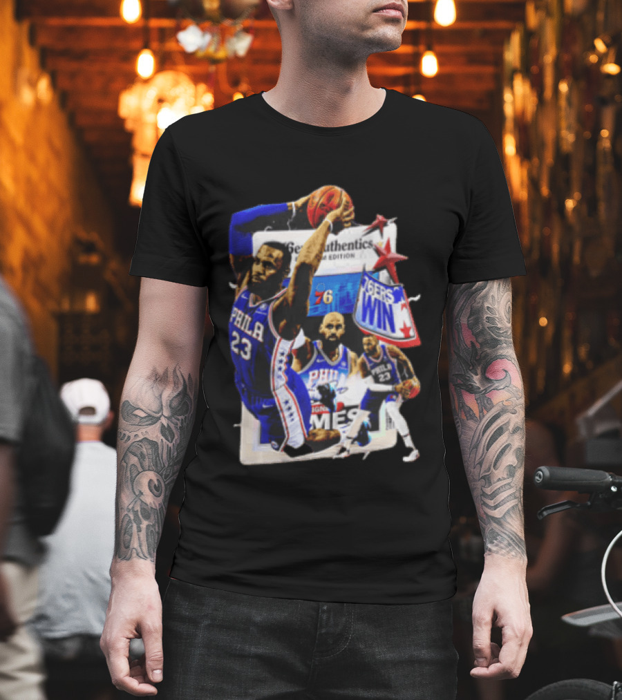 Philadelphia 76ers Lebron James Dunking Collage 76ers Win Edition T-Shirt