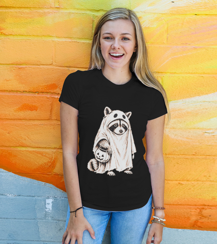 Raccoon Ghost Holding Pumpkin Bucket Halloween 2026 T-Shirt