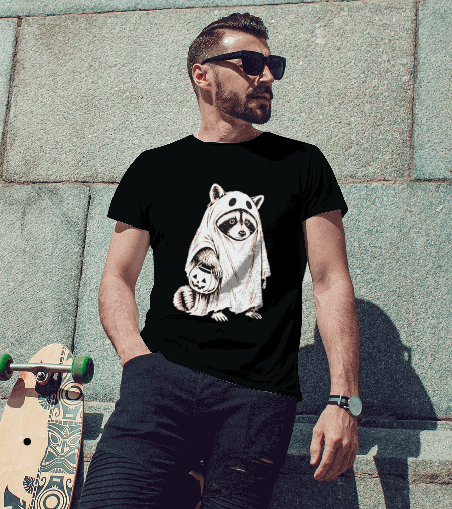 Raccoon Ghost Holding Pumpkin Bucket Halloween 2026 T-Shirt