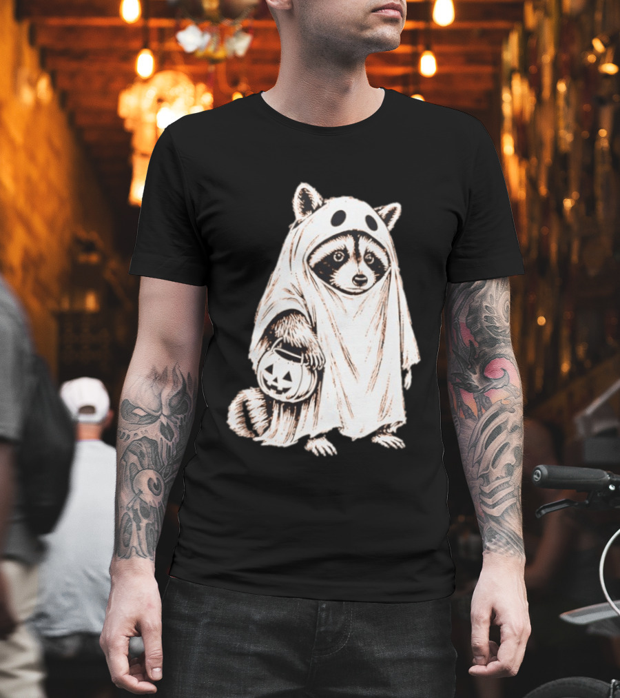 Raccoon Ghost Holding Pumpkin Bucket Halloween 2026 T-Shirt