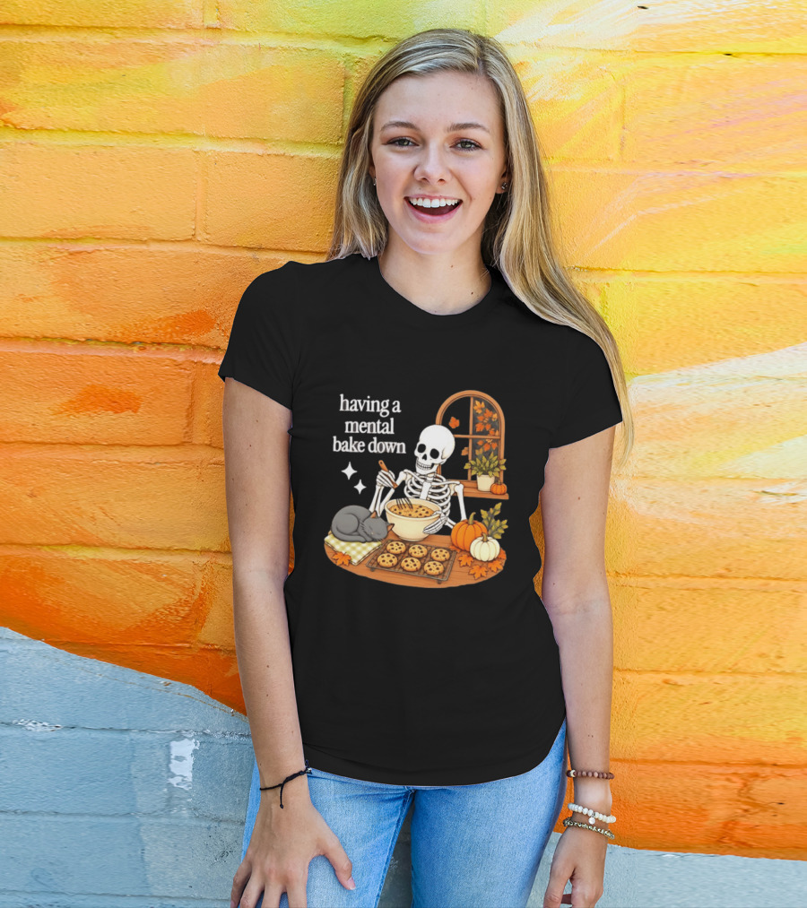 Having A Mental Bake Down Skeleton Baking With Cat And Pumpkins T-Shirt